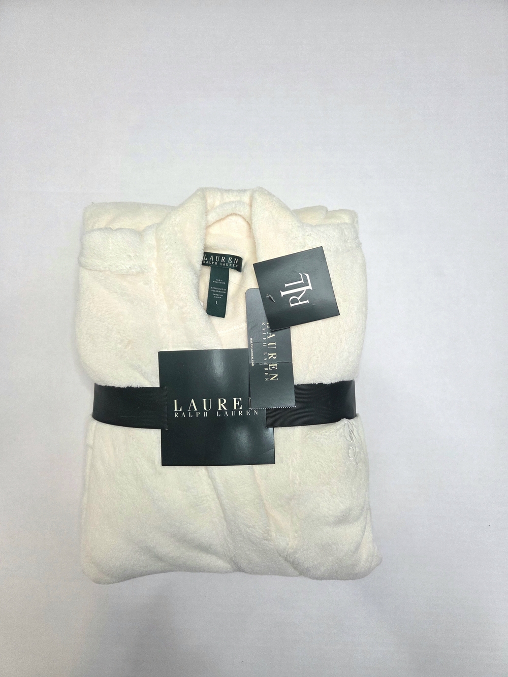 Lauren Ralph Lauren Cream Plush Bath Robe with Logo Trim